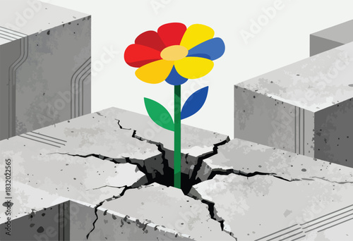 A colorful flower blooms from cracked concrete blocks, symbolizing resilience and growth
