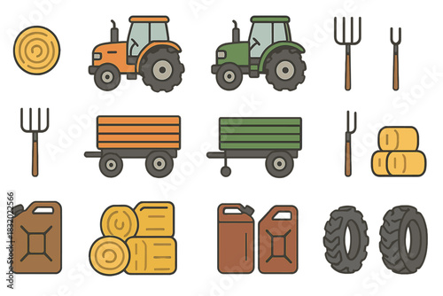 Colorful illustration of tractors, farm tools, and harvest equipment for agriculture and rural life