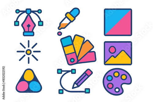 Colorful design elements and tools for graphic creation in a modern digital workspace