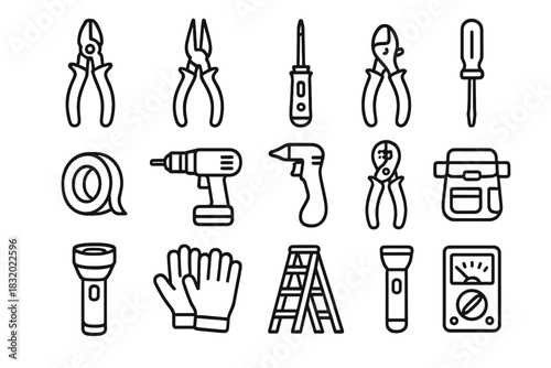 Electrician Tools Icons. Electrician Tools & Equipment linear icon set: wire cutter, pliers, voltage tester, screwdriver, electrical tape, drill, wire stripper, tool belt