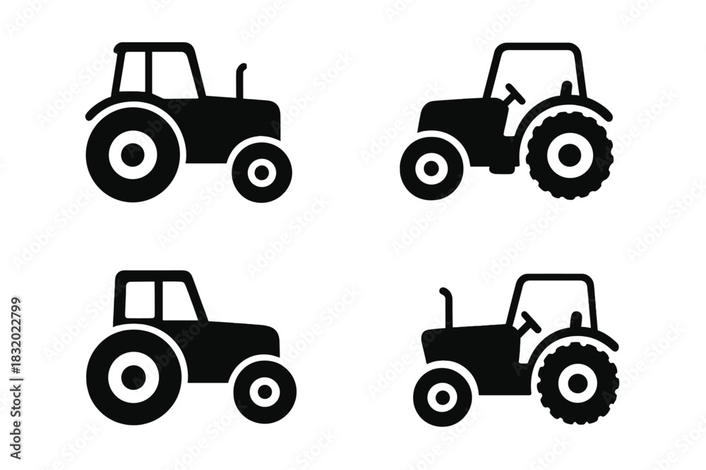 Fototapeta premium Variations of tractors in simple black silhouettes showing different designs