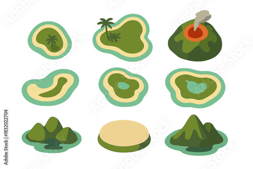 Colorful illustrations of diverse tropical islands with varying landscapes and a volcano for creative use
