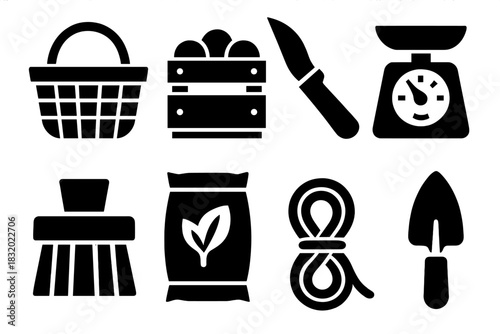 Harvest Tools Icons. Harvest Essentials silhouette icon set. basket, crate, pruning knife, weighing scale, brush, seed bag, rope, trowel
