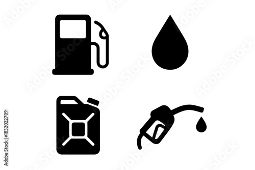 Fuel pump, drop, canister, and nozzle icons represent the concept of gasoline and energy sources clearly and simply