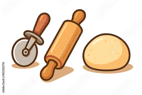 Rolling pin, dough, and pizza cutter arranged on a clean surface for baking preparation in a cozy kitchen