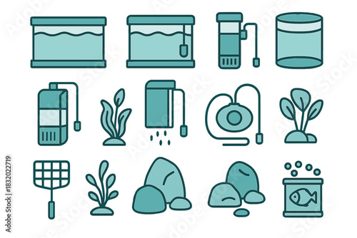 Collection of aquarium tools and elements for fish keeping enthusiasts and hobbyists