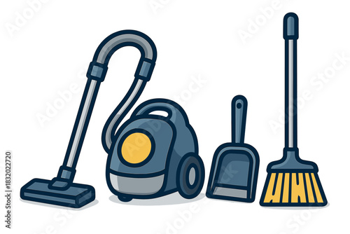 Cleaning tools for home maintenance including vacuum cleaner, broom, and dustpan