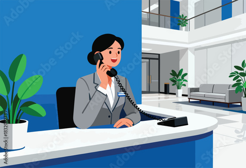 A receptionist, smiling, answers the phone behind a curved desk. Modern office with plants and a waiting area is the background