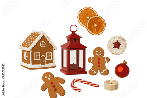 Decorative holiday gingerbread house with cookies, lantern, and dried oranges arranged for festive celebration