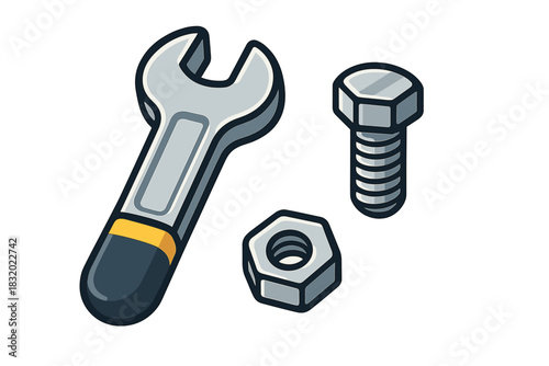 Wrench, nut, and bolt arranged for mechanical assembly in a simple illustration format