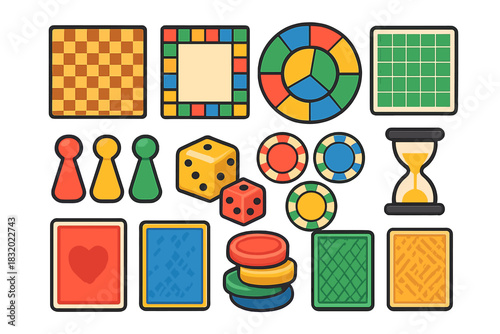 Colorful board game pieces and accessories arranged on a white background for fun and entertainment