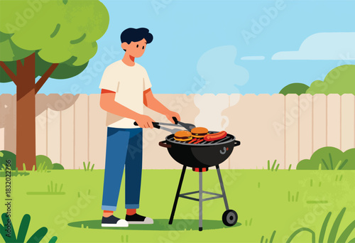 A person, grilling hamburgers and hotdogs on a charcoal grill in a backyard setting. A tree and fence are shown