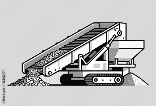 A grayscale illustration of a conveyor belt machine, transporting and unloading gravel onto a pile
