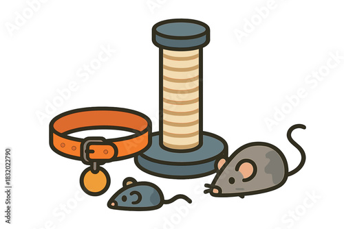 Pet accessories and toys for cats with a scratching post and playful mice at home