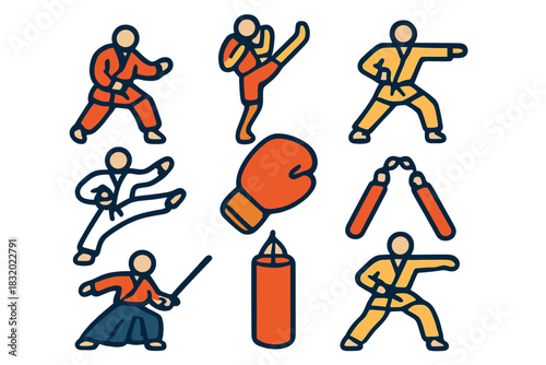 Martial arts practice session with various techniques and equipment displayed in a stylized graphic design
