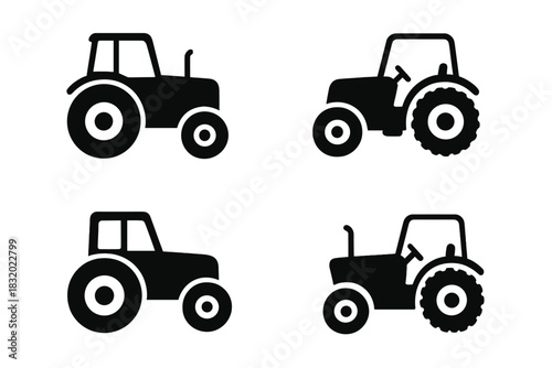 Variations of tractors in simple black silhouettes showing different designs