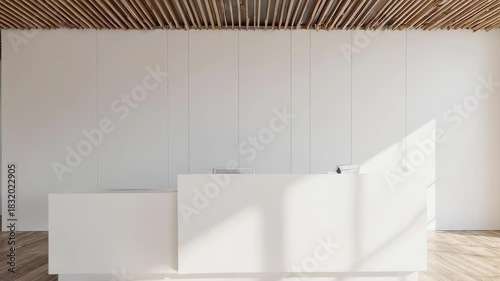 Light-filled modern office lobby with wood ceiling and white reception desk