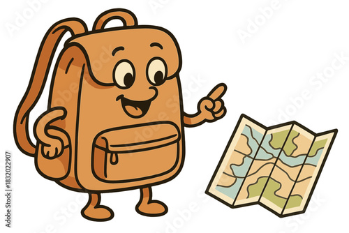 Backpack character happily points at a colorful map, ready for an adventure outdoors in a fun and playful style