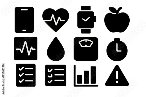 Brutalist Wellness Icons. Digital Wellness silhouette icon set. phone, heart rate, smartwatch, apple, pulse graph, water droplet, scale, pill, checklist, timer, chart, alert icon