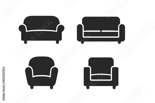 Different styles of sofas and chairs in a minimalist design arranged in a grid layout
