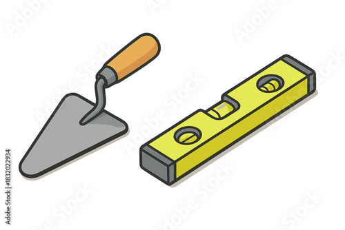 Tools for masonry work including a trowel and a level used in construction projects