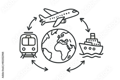 Transportation options connect the world through air, land, and sea travel in a simple illustration