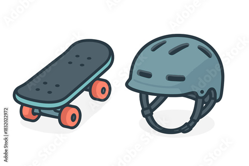 Skateboard and helmet for safe riding session at a park overviewing a sunny day