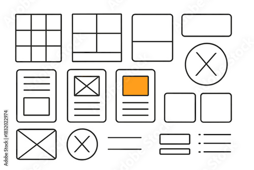 Various UI design elements and layouts displayed on a white background showcasing different formats for digital content arrangements