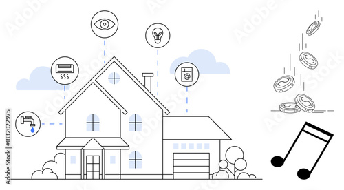 House with icons displaying smart home controls, water tap, camera, light bulb, and devices. Ideal for automation, energy-saving, connectivity, technology home security innovation sustainable