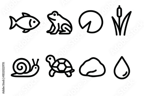Freshwater Life Icons. Freshwater Life Collection linear icon set. fish, frog, lily pad, reed, snail, turtle, rock, water drop.
