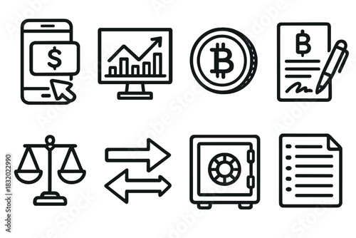 Fintech Doodle Icons. Financial Technology Tools set of icons in doodle hand-drawn vector style. online payment, investment dashboard, crypto coin, smart contract, balance report
