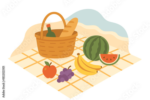 Enjoying a beach picnic with fresh fruits and drinks on a sunny day by the shore