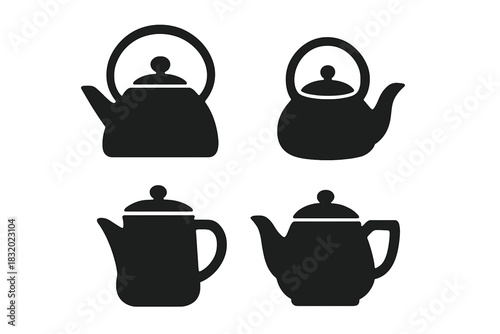 Different designs of kettles displayed as black silhouettes on a white background showcasing various shapes and styles