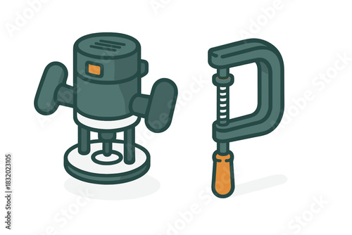Tools for woodworking projects include a router and a clamp for secure fastening and shaping of materials