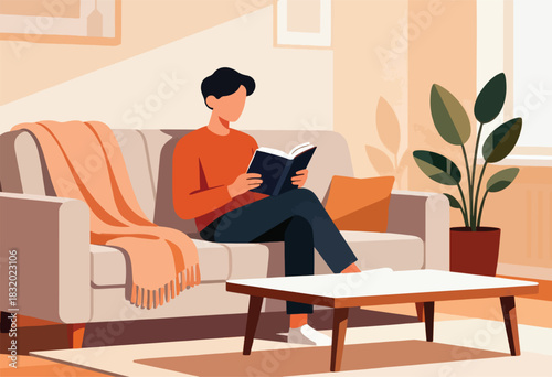 Illustration depicts a person relaxed on a couch, reading a book. A plant and a coffee table are nearby