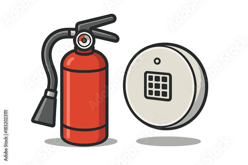 Fire safety equipment including a fire extinguisher and smoke detector displayed together in a simple design