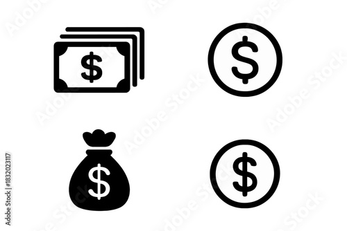 Various symbols of money depicting cash, coins, and a bag of currency on a simple background