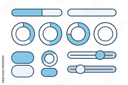 Various round and rectangular user interface elements designed for modern applications in a clean blue color scheme