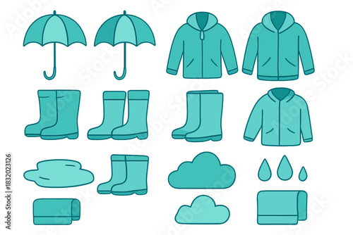 Stylish rain gear collection including umbrellas, jackets, and boots in soothing teal color