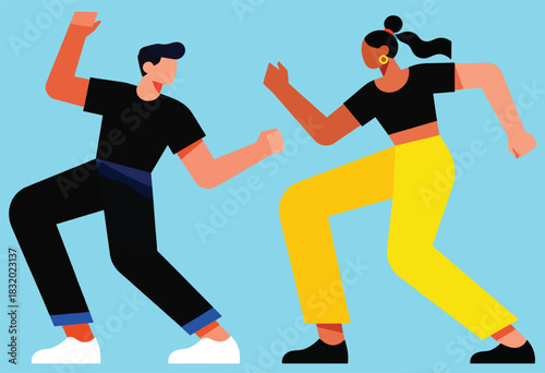 Vector art depicting a man and woman in motion, dancing with raised arms and colorful clothing