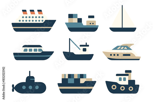 Various types of boats and ships in a simple, colorful design suitable for educational purposes