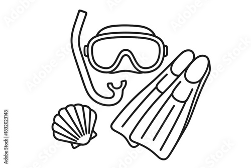 Scuba gear including mask, snorkel, fins, and shell ready for underwater exploration in tropical waters