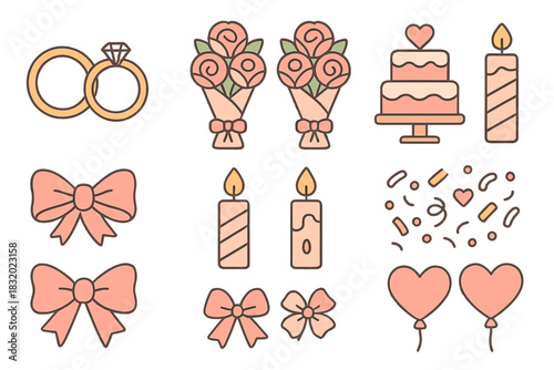 Celebration elements for weddings or special events featuring rings, flowers, cakes, and decor