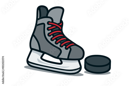 Skate and puck on the ice rink during a fun winter sport session