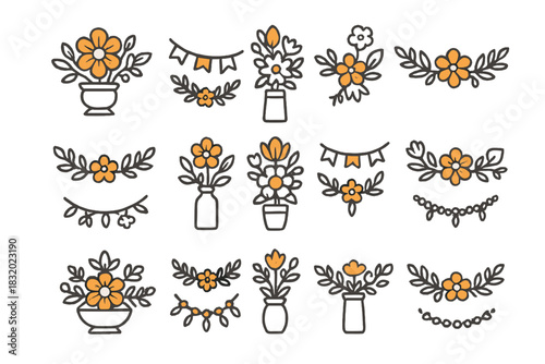 Floral doodles featuring vases, banners, and decorative arrangements in a cheerful design
