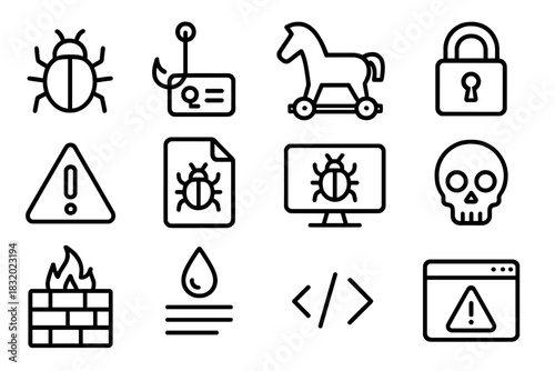 Cybersecurity Icons Overview. Cyber Threats linear icon set: virus bug, phishing hook, Trojan horse, ransomware lock, alert triangle, infected file, computer screen, skull icon