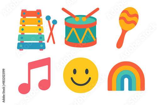 Colorful Musical Icons. Playful Tunes flat icon set: xylophone, drum, maraca, musical note, smiling face, rainbow