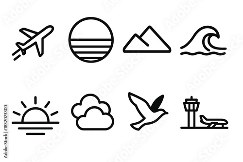 Air Travel Icons. Airplane Environment linear icon set: contrail, sky gradient disk, mountain silhouette, ocean wave, sunrise arc, scattered clouds, bird silhouette, distant