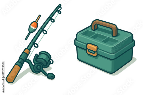 Fishing rod and tackle box ready for a day of fishing at the lake