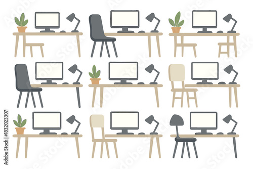 Different desk setups featuring computers, chairs, and plants in a minimalist style for modern workspace inspiration